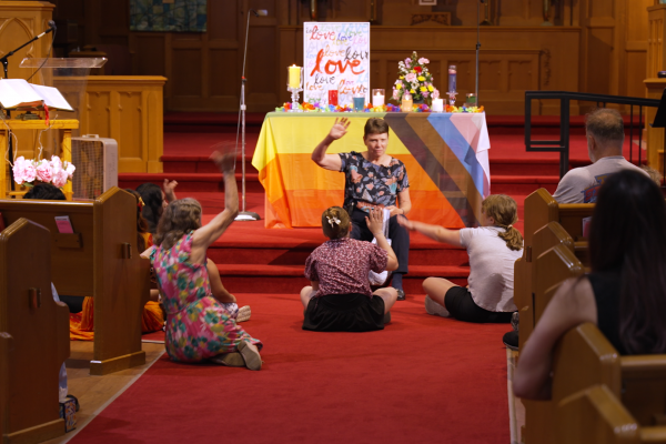 Kids in front of church
